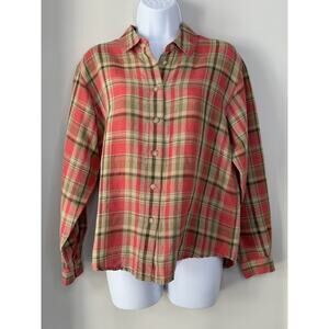 Vintage‎ Napa Valley Womens Linen Cotton Top Petite S Red Plaid Roll Tab Sleeve